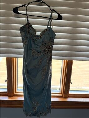 Beaded Light Blue Spaghetti-Strap Midi Dress
